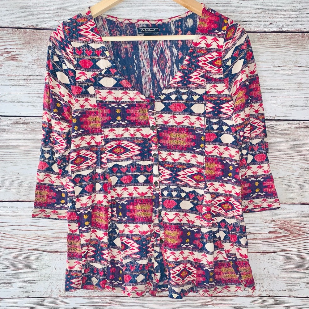 Lucky Brand Boho Ethnic Multicolored 3/4 Sleeves Blouse Top Small 100% Viscose